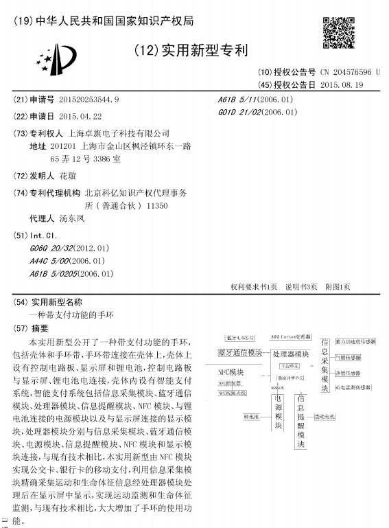 一種帶支付功能的手環(huán)-卓旗專利