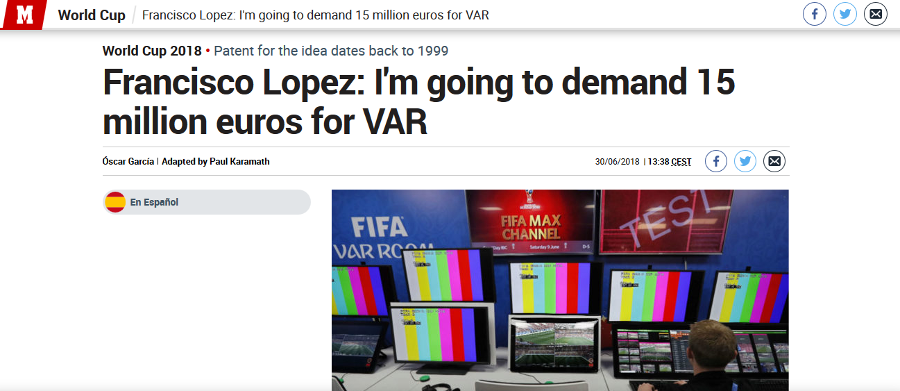 FIFA攤上事兒了，因VAR侵犯?jìng)€(gè)人專利遭索賠1500萬(wàn)歐元