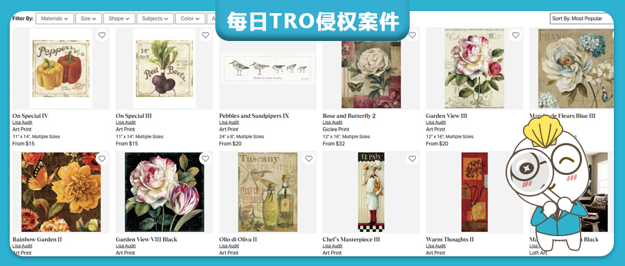 連發(fā)6案！25張Lisa Audit版權(quán)TRO維權(quán)，涵蓋向日葵/鳥類/甜品/廚師等元素, 家居、文創(chuàng)類賣家需警惕！